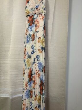 Express Cream Floral Pleated Maxi Dress with Blue & Orange Accents